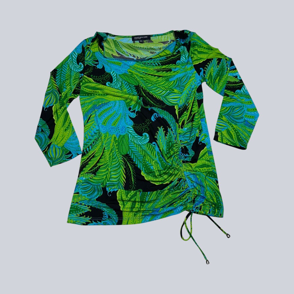 Jones New York Signature Women’s S Green Blue Tropical Print Ruched Top